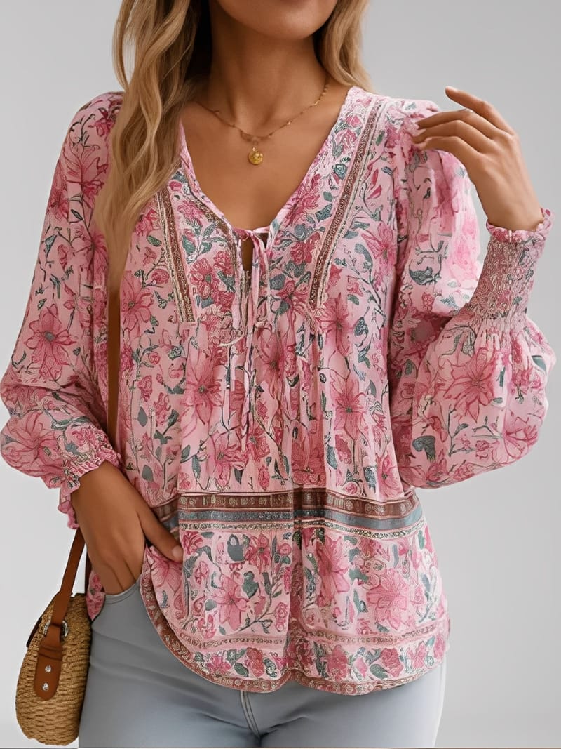 Blusa Boho Floral em Viscose com Decote em V – Flora