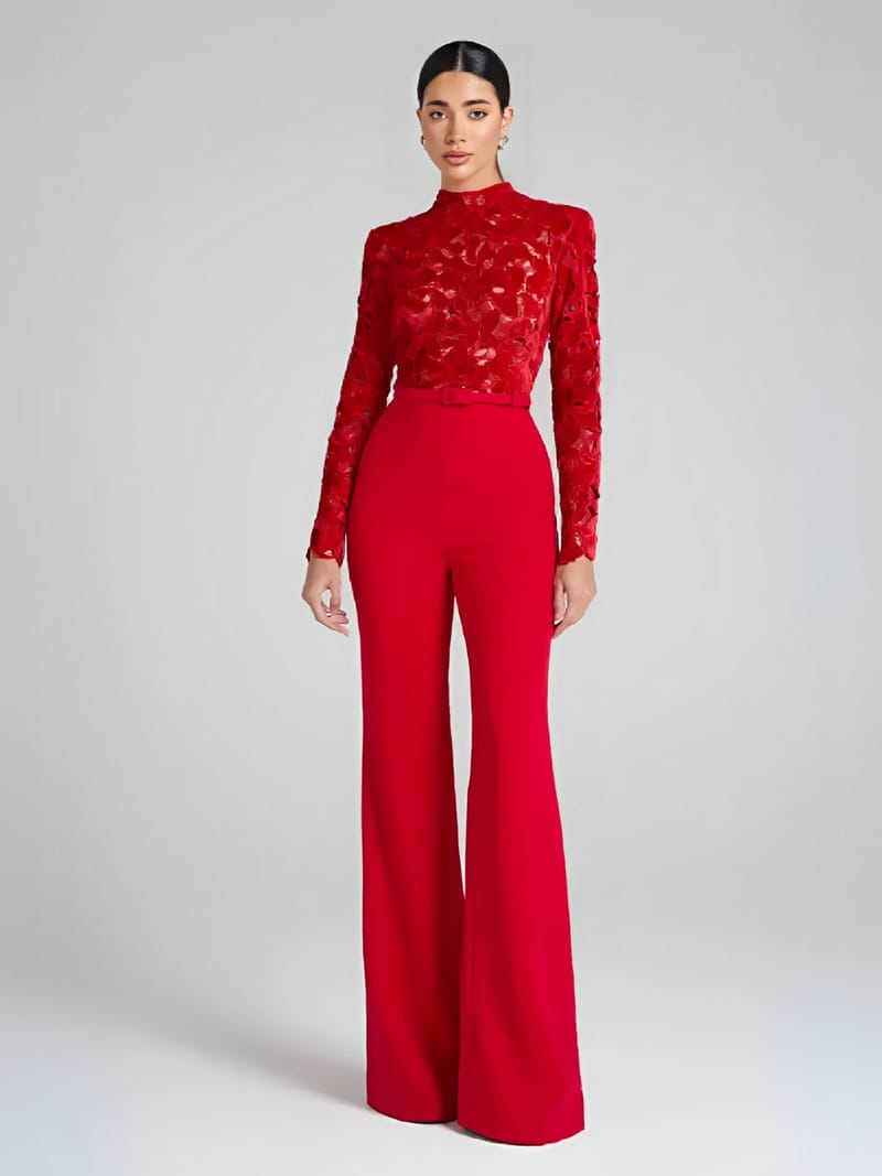 Macacão Elegante Manga Longa com Renda e Calça Flare com Cinto - Yeva