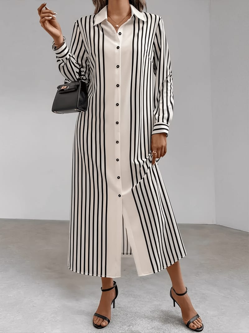 Vestido Chemise com Listras Verticais e Botões Frontais Elegantes – Julia