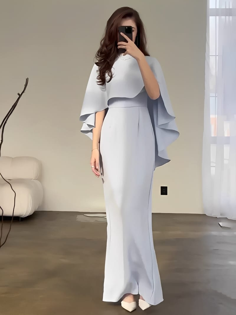 Vestido Longo de Festa Acinturado com Capa Peplum Elegante - Amna