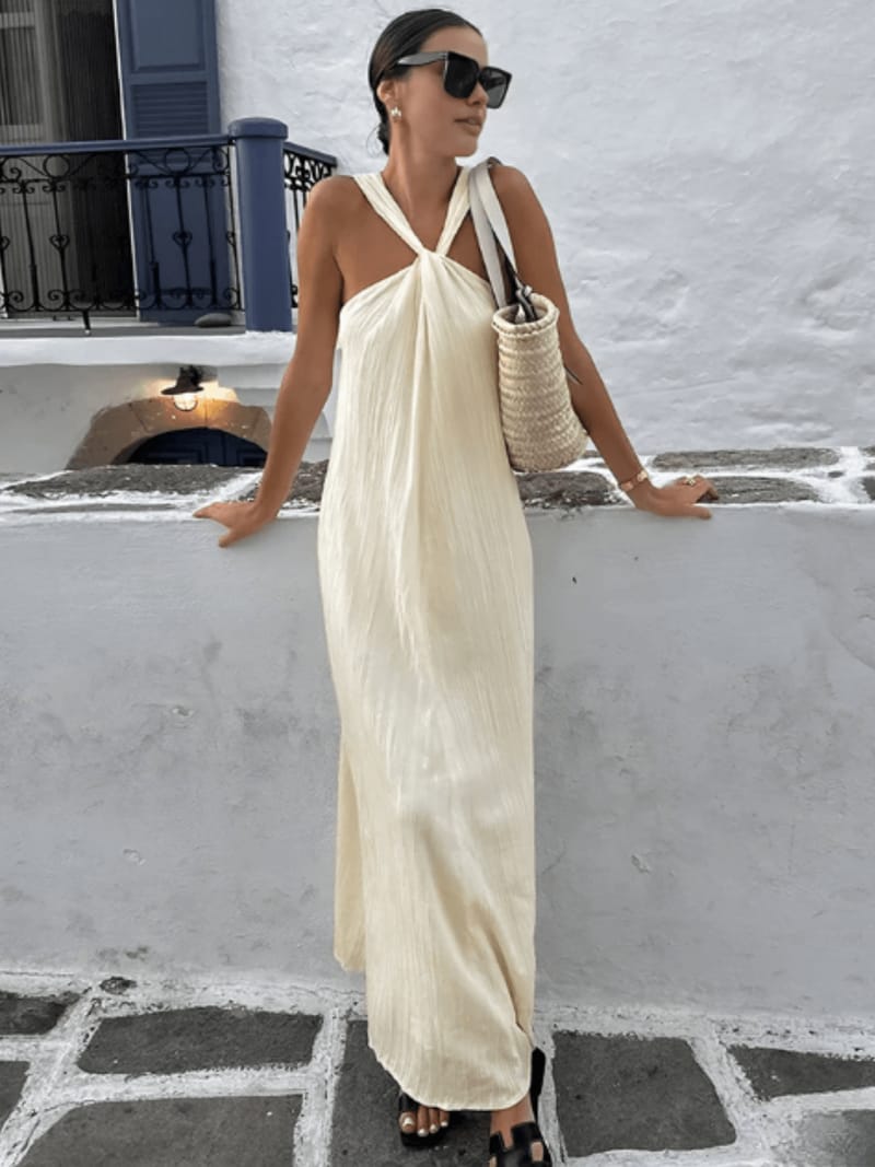 Vestido Longo em Viscose Texturizado com Alça Torcida Elegante – Renata
