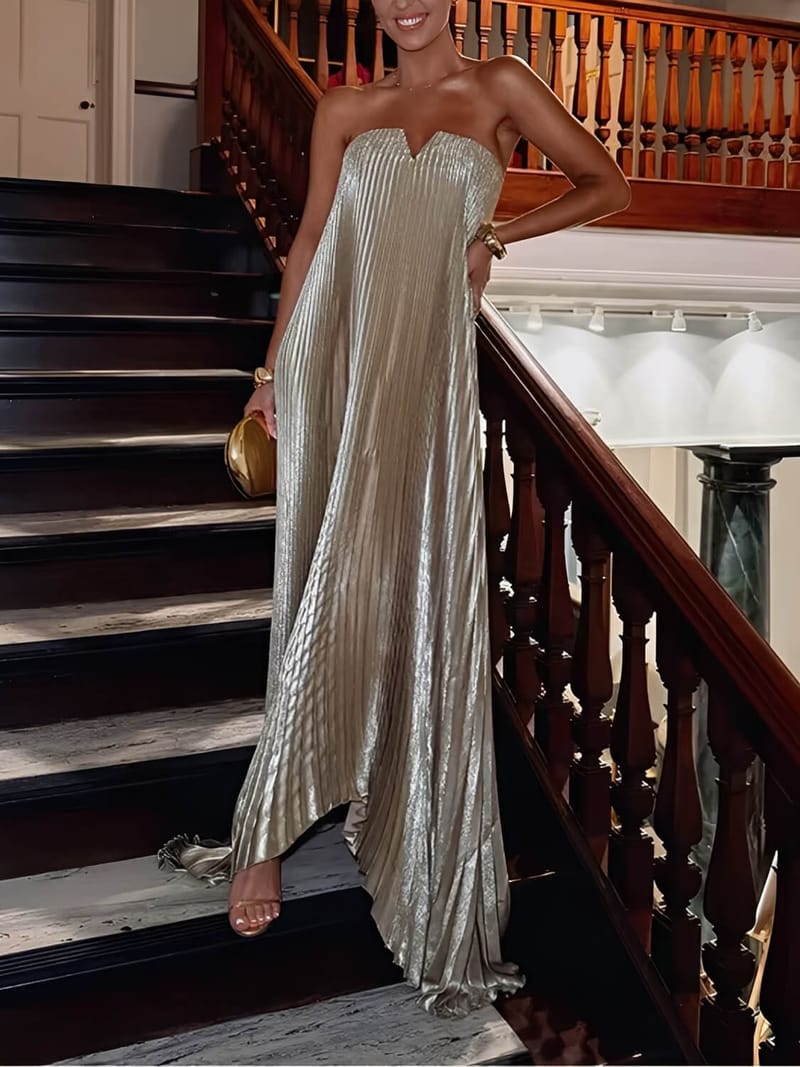 Vestido Longo Plissado Acetinado Tomara que Caia Assimétrico - Éris