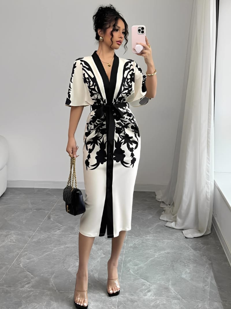 Vestido Midi Floral Arabesco com Manga Morcego Elegante - Inez